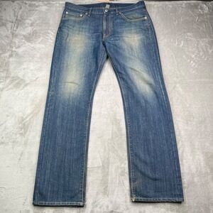 Uniqlo Jeans Men 36 Blue Relaxed Fit Straight Leg Faded Grunge Medium Wash Denim
